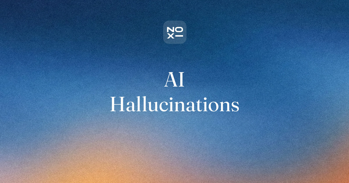 AI hallucinations — NOXI guide cover: check the claim, not the confidence, with a 5-step fact-check at about two minutes per claim and sourced figures on how often AI gets it wrong