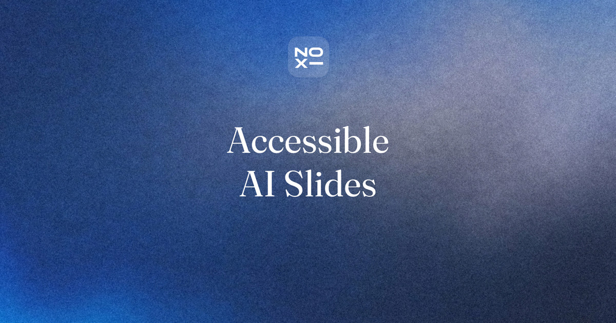 AI presentation accessibility review — NOXI guide cover: a slide checked for clear titles, reading order, chart descriptions and the exported file