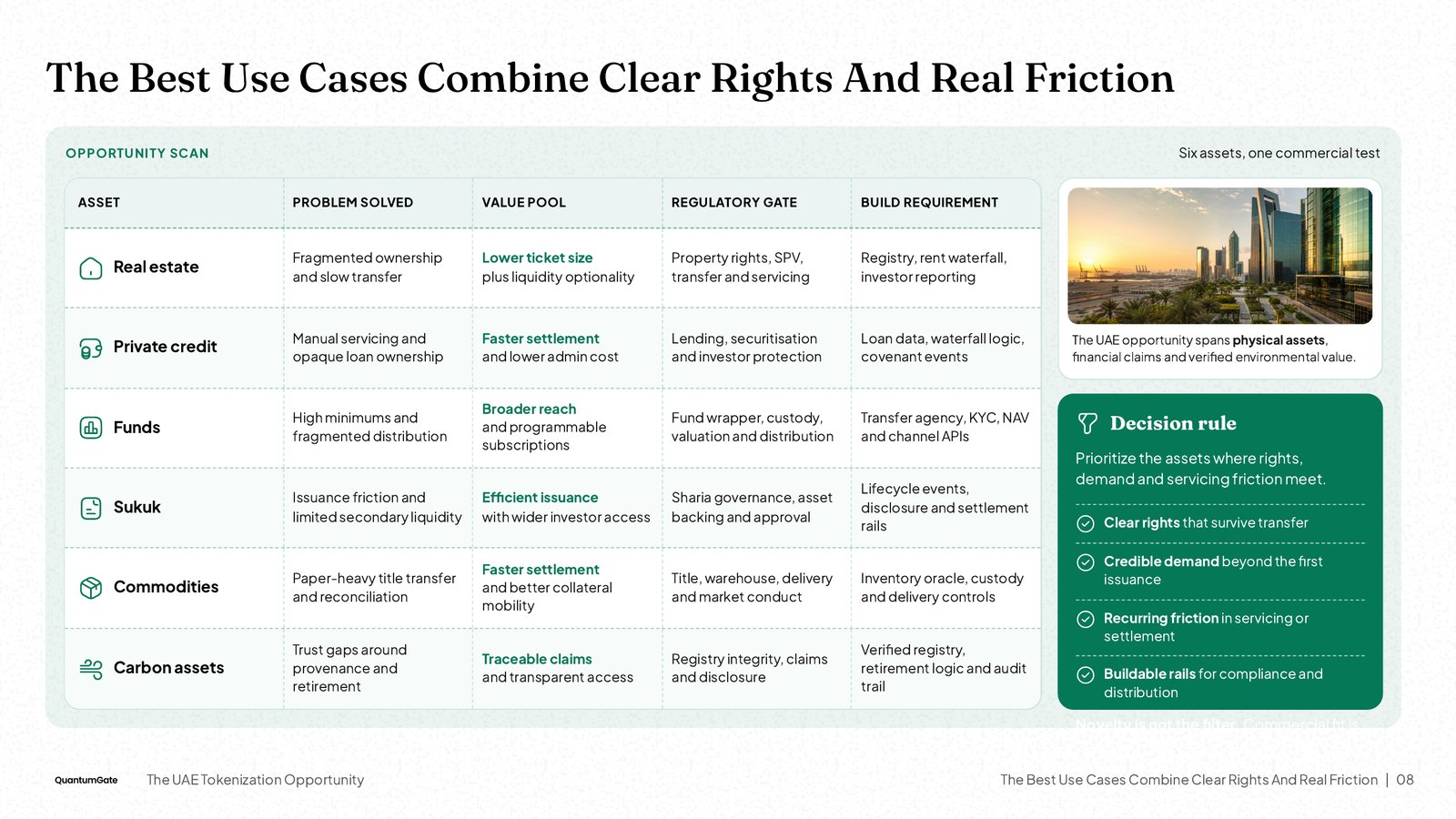NOXI slide: a use-case comparison table in a company's own green brand style, with the logo and deck title in the footer