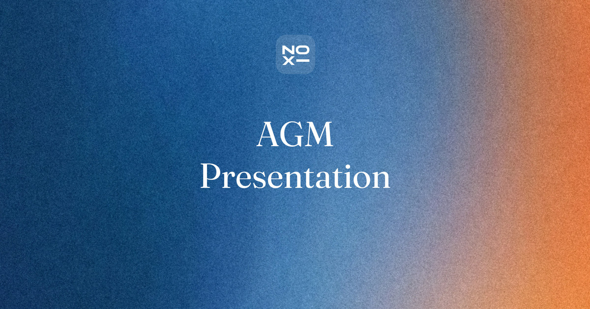 AGM presentation — NOXI guide cover: every vote at an annual general meeting on its own slide, with the wording from the notice, the majority needed and the result