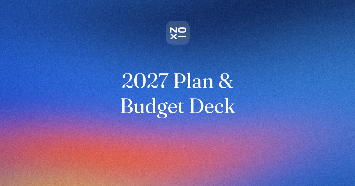 Annual plan and budget presentation template — a strategy house, a budget bridge from FY2026 to FY2027 and a quarterly roadmap