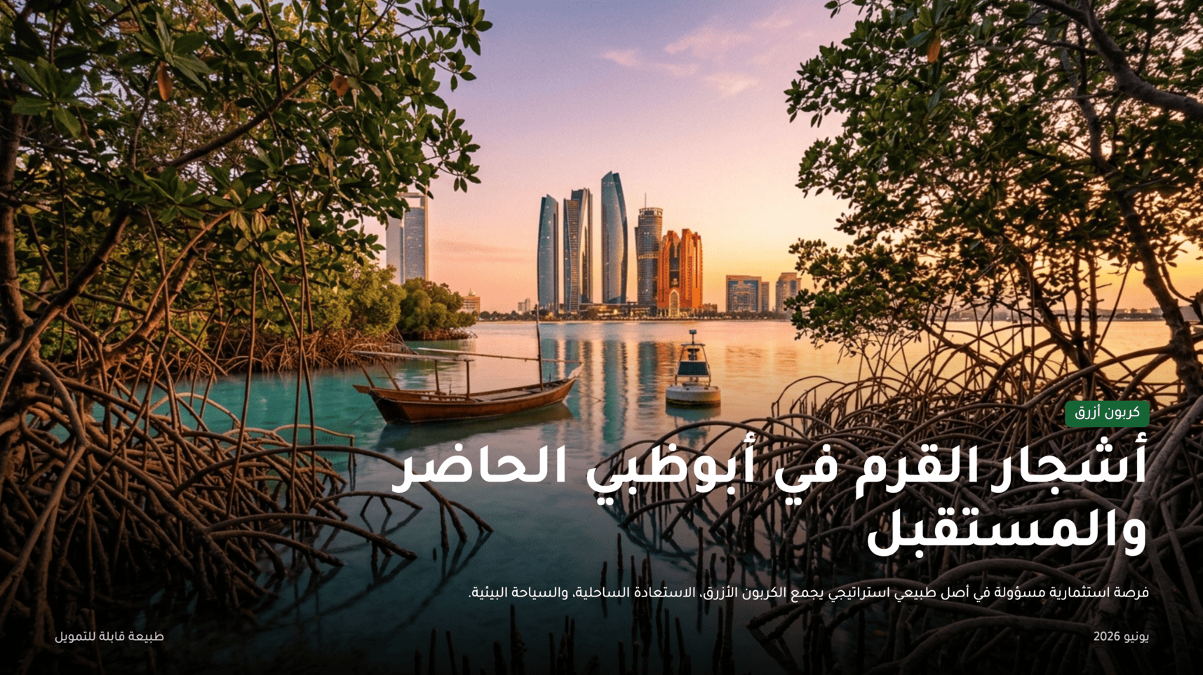 شريحة غلاف عربية في noxi: «أشجار القرم في أبوظبي الحاضر والمستقبل» على صورة بانورامية، بعنوانٍ يُحاذى لليمين وتخطيطٍ بمنطق RTL.