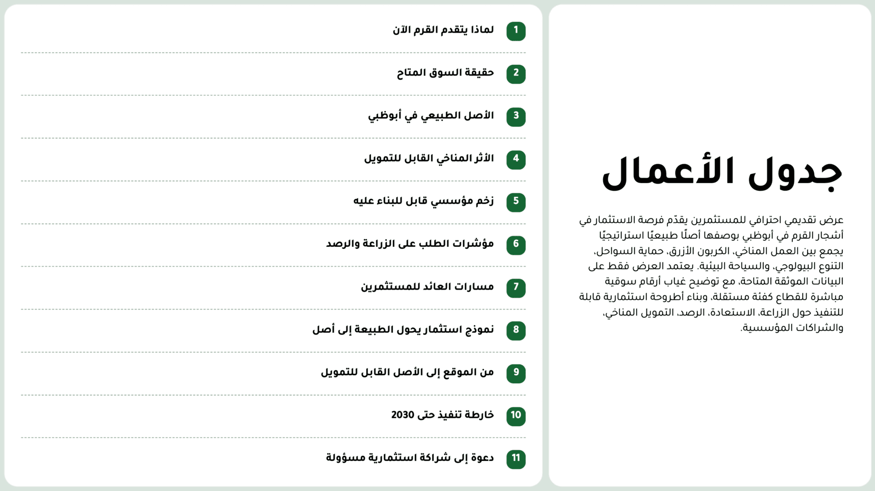 شريحة جدول أعمال عربية في noxi: بنود مرقّمة من ١ إلى ١١ تبدأ من اليمين مع وصفٍ جانبي.