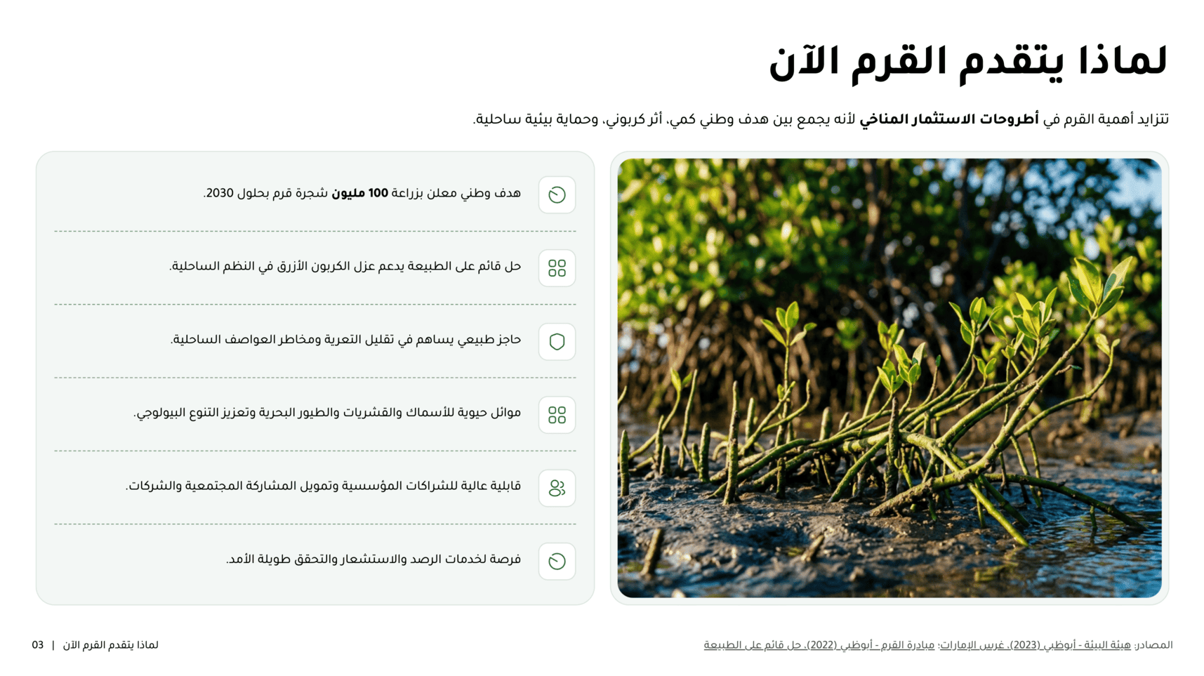 شريحة محتوى عربية في noxi: «لماذا يتقدم القرم الآن» — نقاط بأيقونات على اليمين وصورة على اليسار.