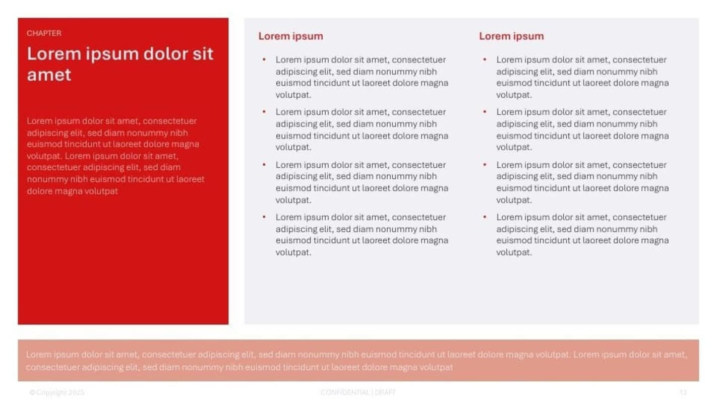 A Plus AI template layout inside PowerPoint / Slides — a chapter title with a red sidebar and two columns of body text; design inherited from the host app.