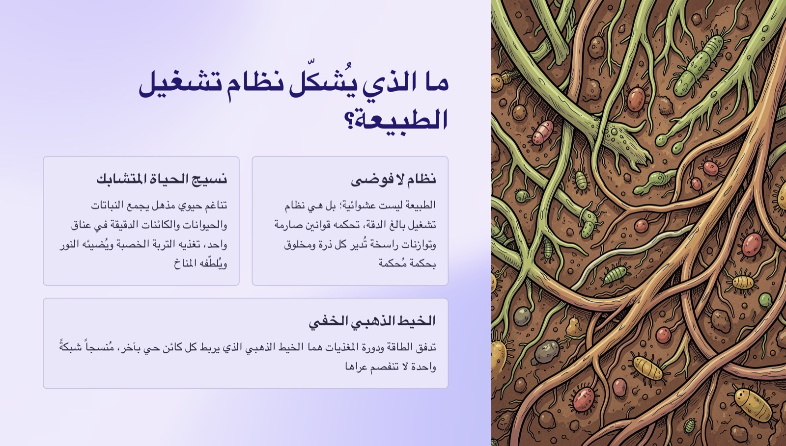 شريحة عربية مولّدة في Gamma: «ما الذي يُشكّل نظام تشغيل الطبيعة؟» — نصٌّ يُحاذى إلى اليمين وصورة توضيحية، بدعم RTL على مستوى النص.
