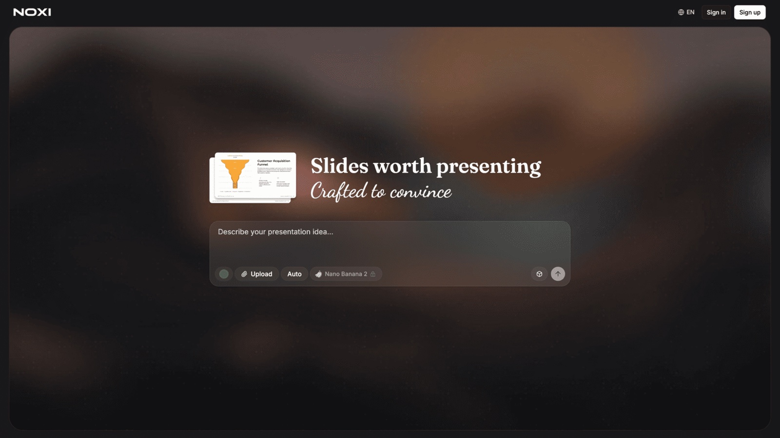 The NOXI app home screen — a single 'Describe your presentation idea' prompt box under the heading 'Slides worth presenting', the free starting point with no sign-up or export wall.