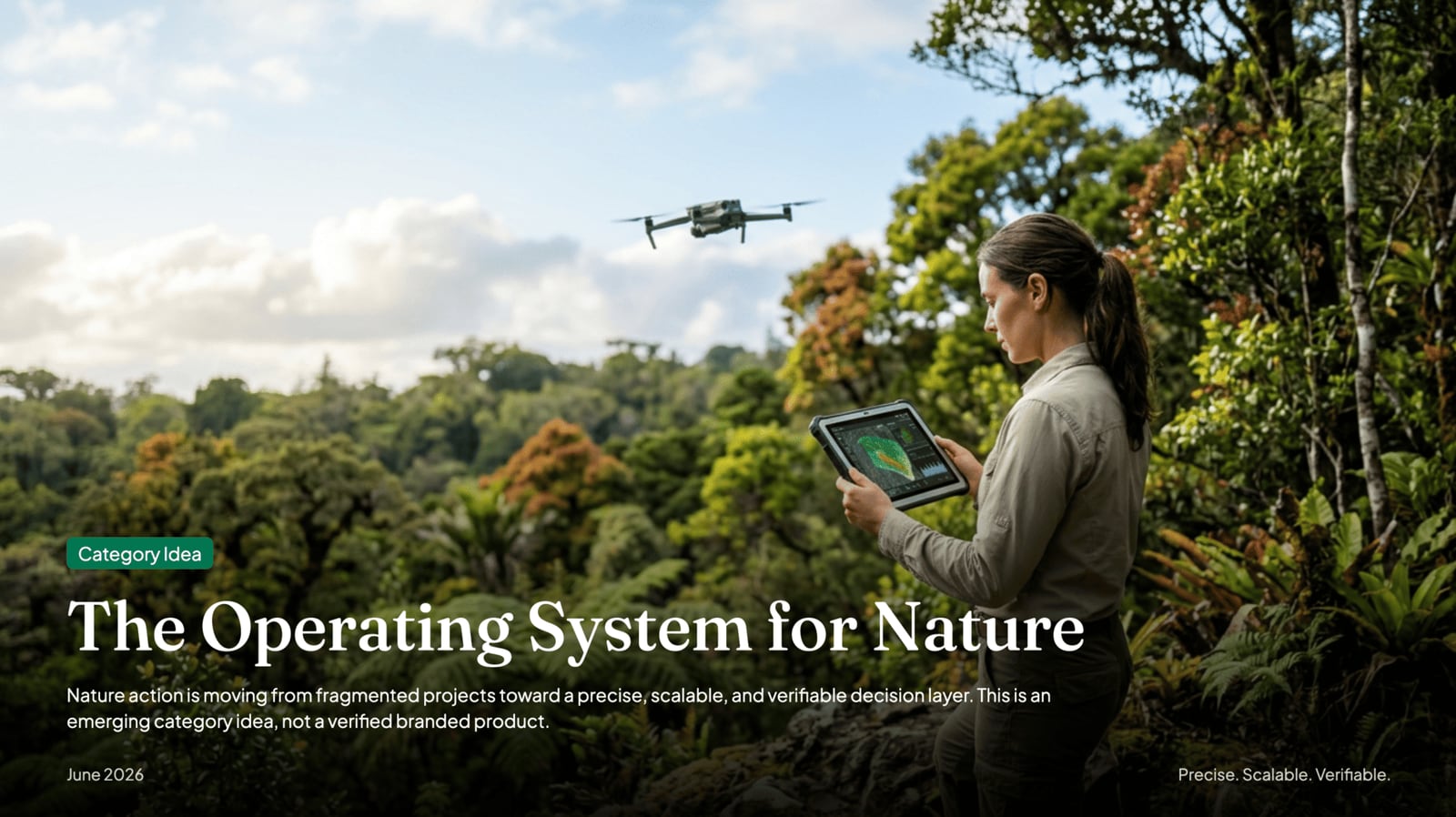 NOXI cover slide — the title 'The Operating System for Nature' set full-bleed over an editorial photograph, a confident consulting-grade opening.