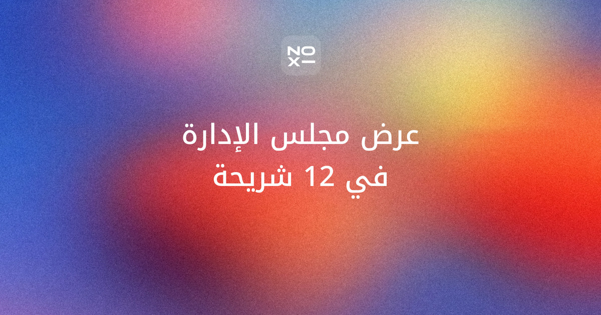 عرض مجلس الإدارة — غلاف دليل يبني حزمة الاجتماع الربعي من القراءة المسبقة إلى شريحة القرار والأرقام الثلاثة وبنود الحوكمة في 12 شريحة