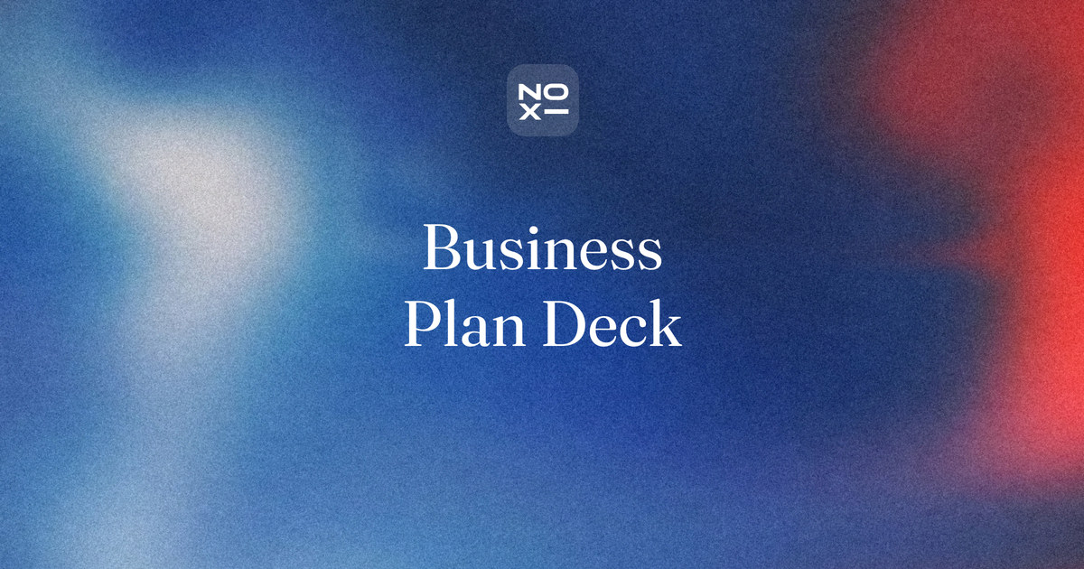 Business plan presentation — NOXI guide cover: one business plan argued to a bank, investors or a jury in twelve slides, with the repayment, break-even and use-of-funds numbers worked out