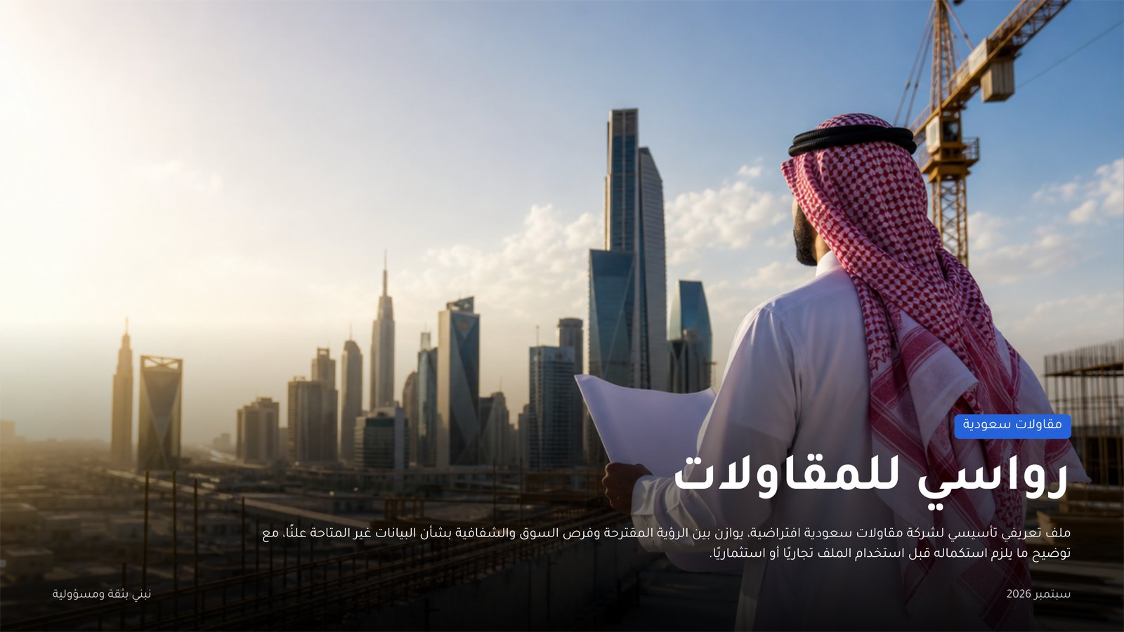 شريحة غلاف «رواسي للمقاولات» بصورة مهندس سعودي أمام أفق مدينة تحت الإنشاء.