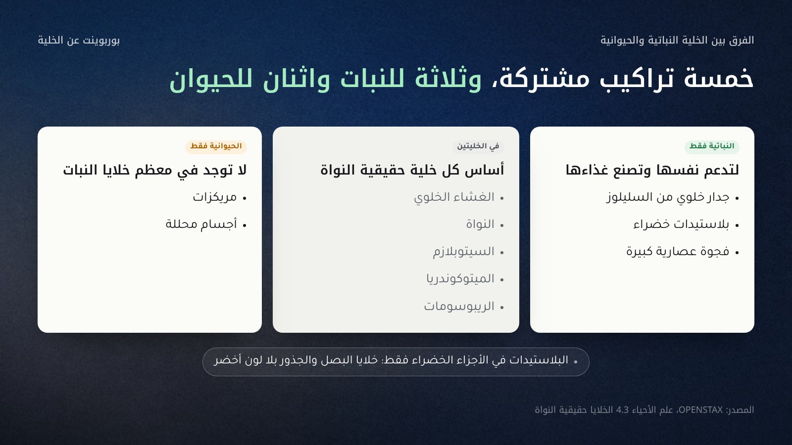 مقارنة في ثلاثة أعمدة: في اليمين ما تنفرد به الخلية النباتية (جدار خلوي من السليلوز، بلاستيدات خضراء، فجوة عصارية كبيرة مركزية)، وفي الوسط المشترك بين الخليتين (الغشاء الخلوي، النواة، السيتوبلازم، الميتوكوندريا، الريبوسومات)، وفي اليسار ما تنفرد به الخلية الحيوانية (مريكزات، أجسام محللة).