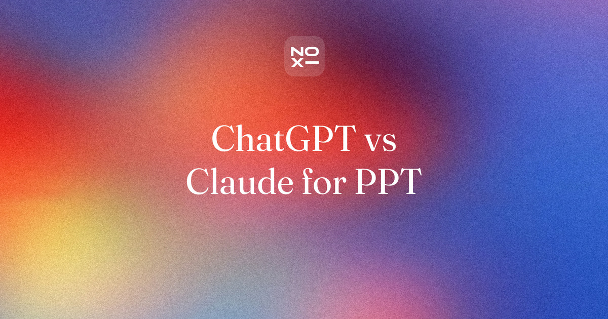 ChatGPT vs Claude for PowerPoint — NOXI comparison cover: two assistants, one PowerPoint, scored 90 and 87 on seven documented rules, with NOXI as a third option