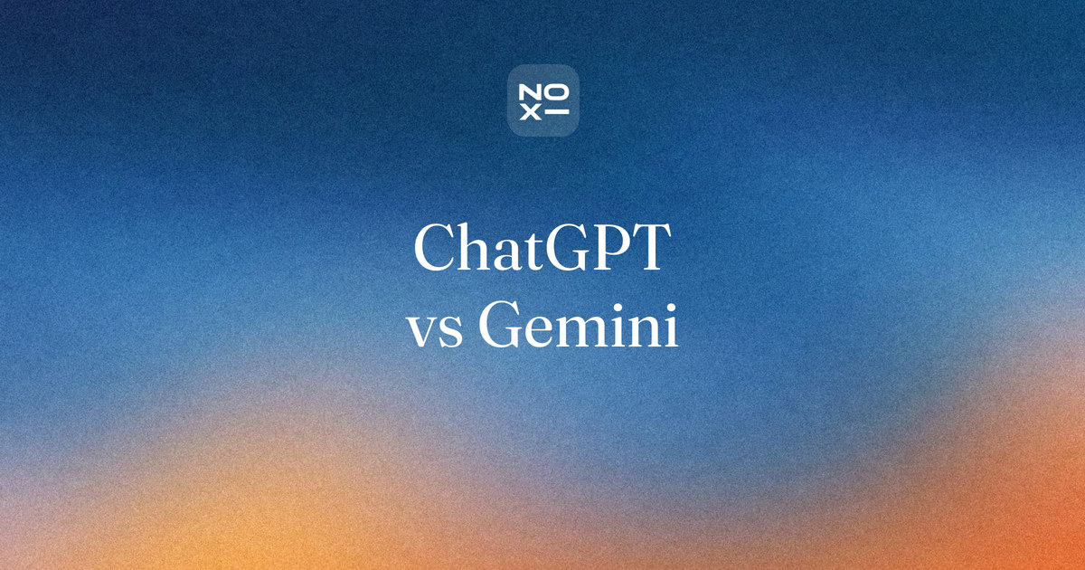 ChatGPT vs Gemini — NOXI comparison cover: two assistants scored on seven printed rules from official pages, Gemini 94 and ChatGPT 88, with plans, prices and privacy settings side by side