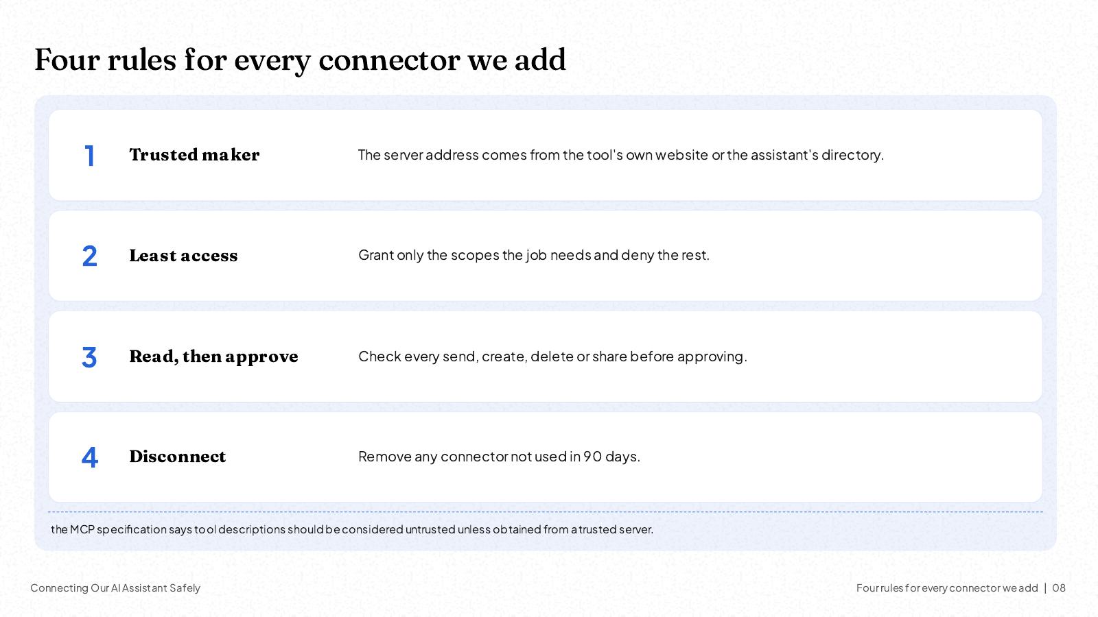 NOXI slide: four rules for every connector, trusted maker, least access, read then approve, and disconnect any connector not used in 90 days.