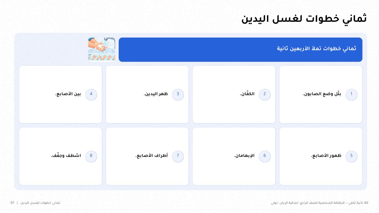 شريحة من NOXI: ثماني خطوات مرقمة لغسل اليدين تملأ الأربعين ثانية، من بلّ اليدين ووضع الصابون إلى الشطف والتجفيف.