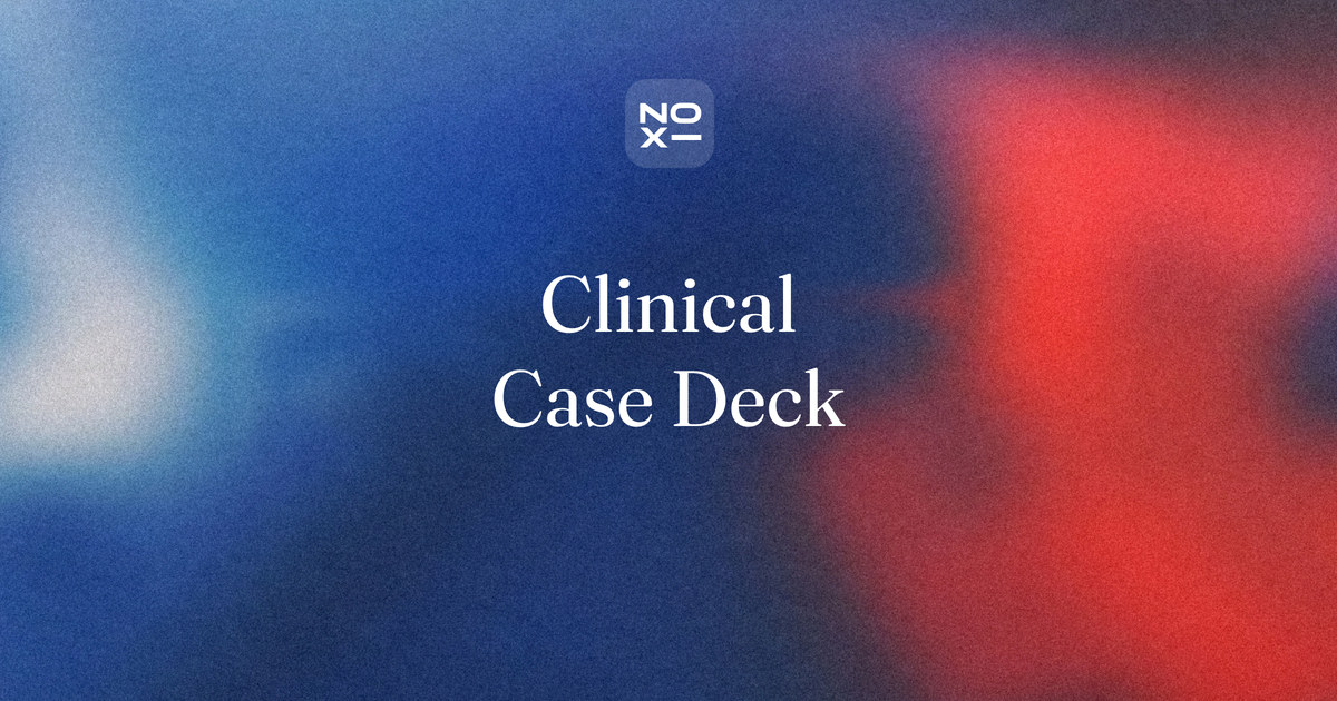 Clinical case presentation — NOXI guide cover: one patient case told in order, from the one-liner and history to a 12-slide case conference deck with de-identified data and learning points