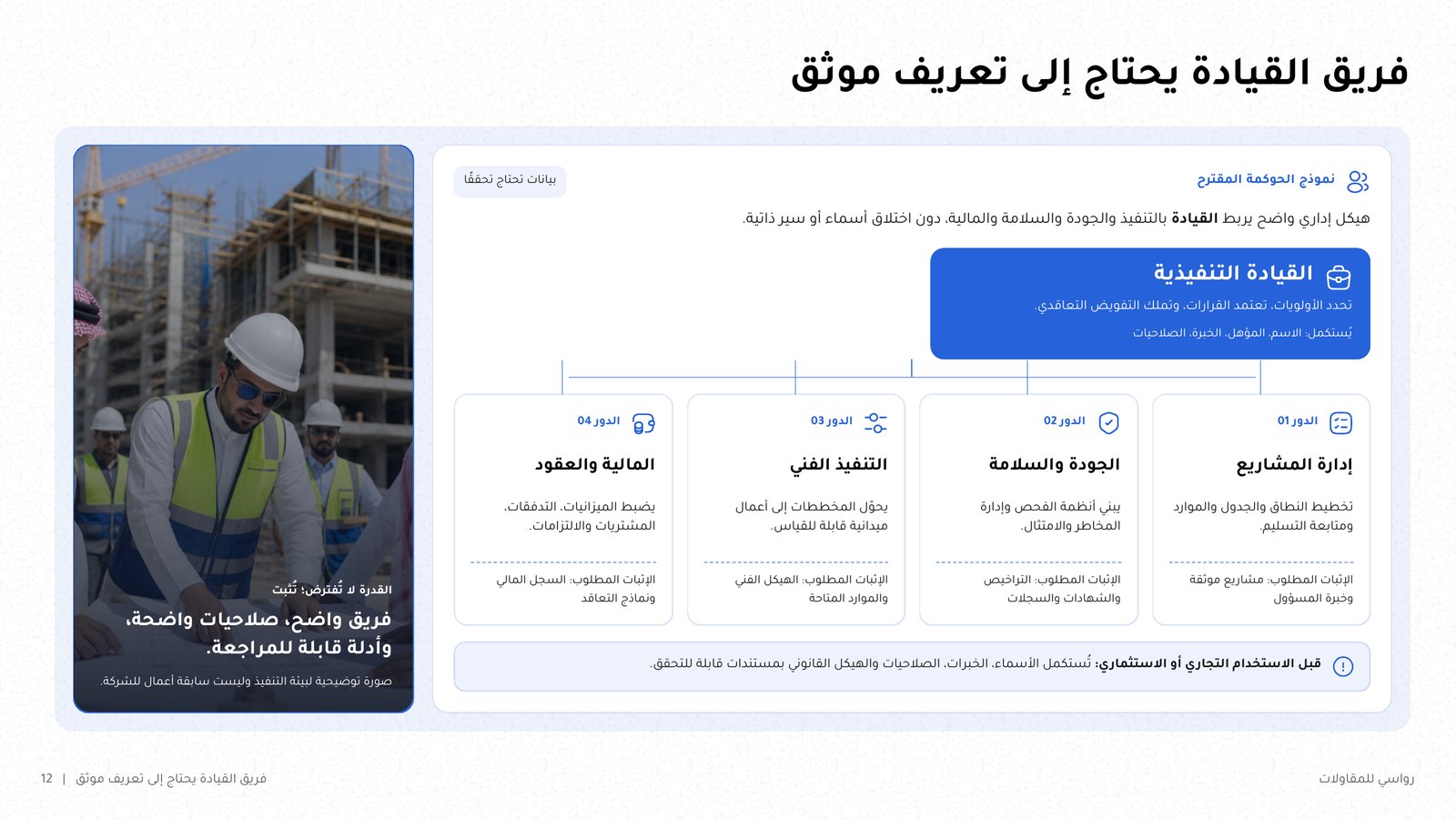 شريحة «فريق القيادة» بهيكل أدوار: إدارة المشاريع والجودة والسلامة والتنفيذ الفني والمالية.