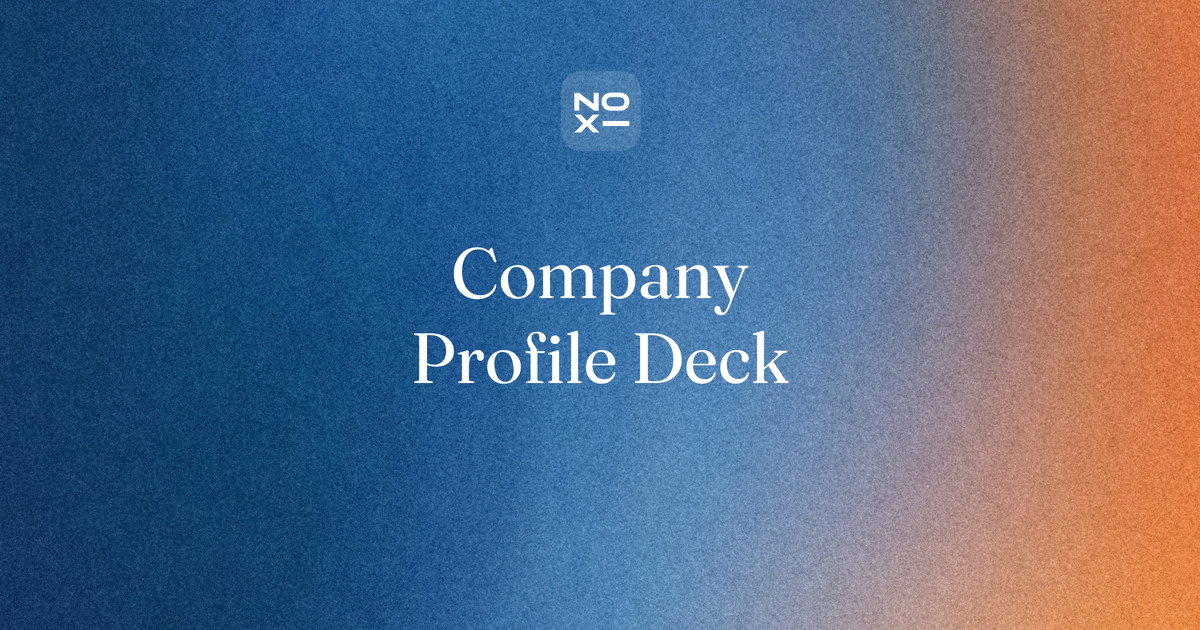 Company profile presentation — NOXI guide cover: one master company profile re-cut for a tender committee, an investor, a partner and a recruit, where each claim carries a number, a date or a permission