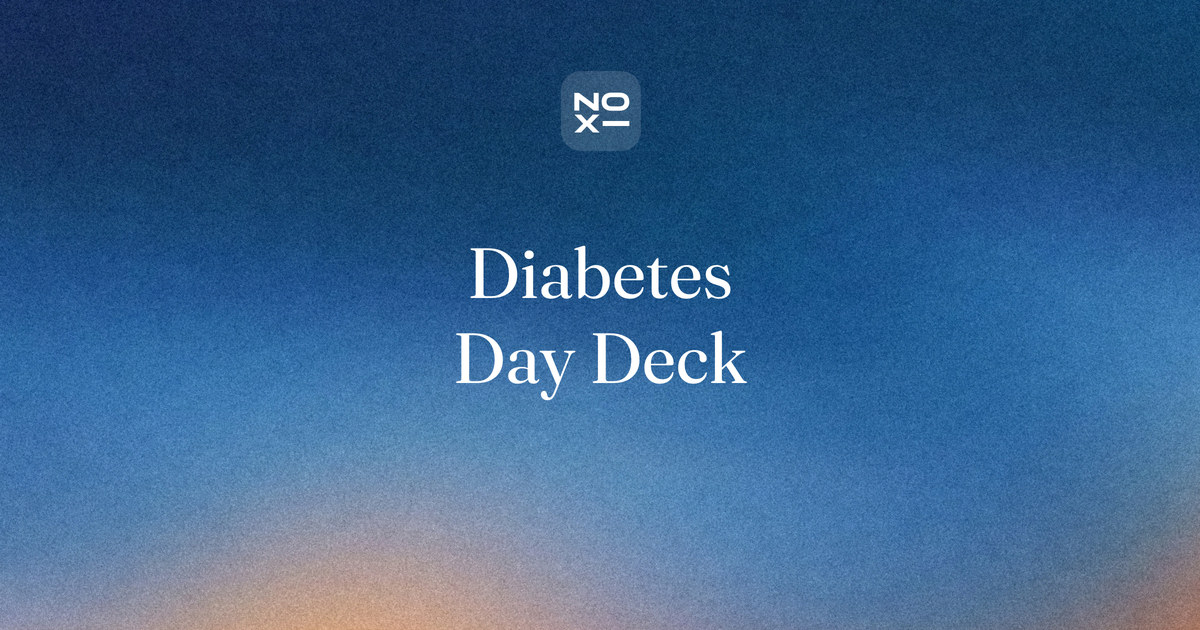 Diabetes awareness presentation — NOXI guide cover: a 12-slide World Diabetes Day 2026 deck for schools, workplaces and clinics, with every figure labelled by its base, year and source