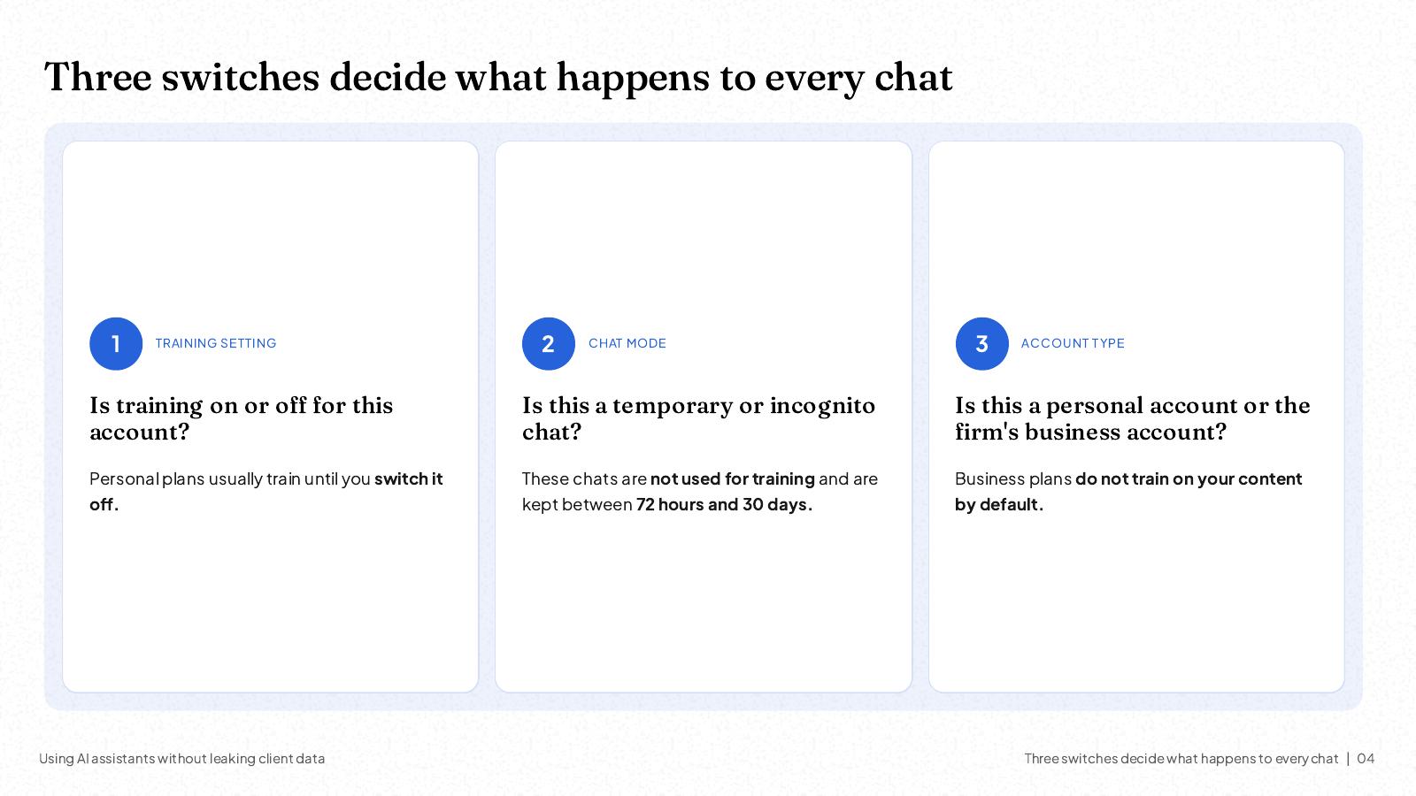 NOXI slide: three switches decide what happens to every chat, whether training is on for the account, whether the chat is temporary or incognito, and whether it is a personal or a business account.