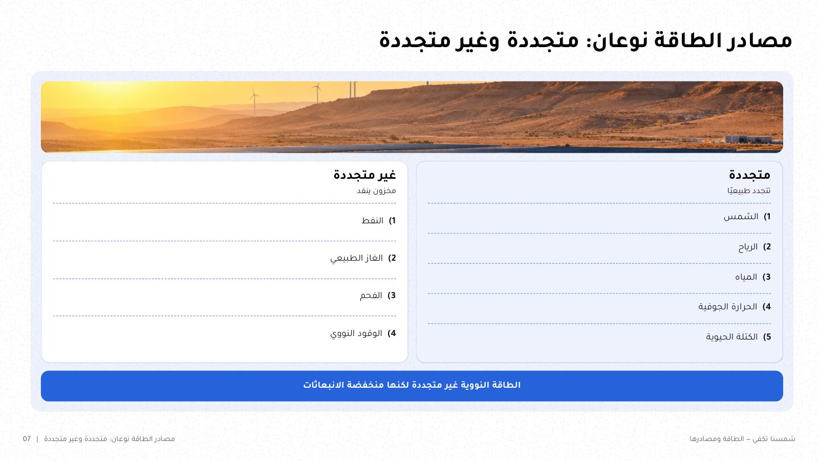 شريحة من NOXI: مصادر الطاقة نوعان، المتجددة الخمسة (الشمس والرياح والمياه والحرارة الجوفية والكتلة الحيوية) وغير المتجددة الأربعة (النفط والغاز الطبيعي والفحم والوقود النووي).