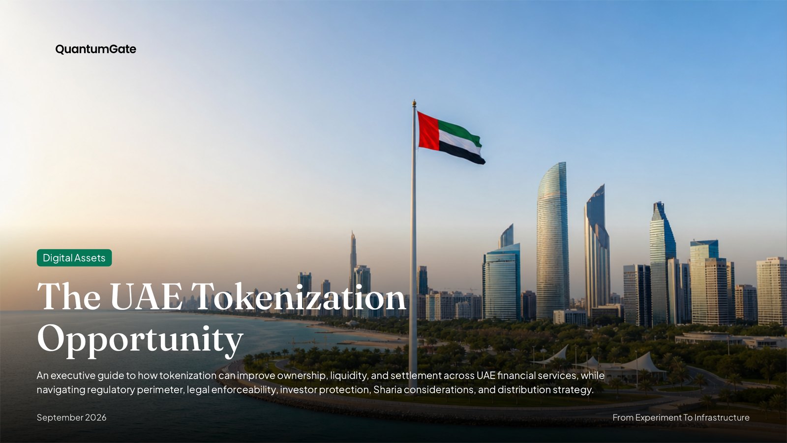 NOXI title slide 'The UAE Tokenization Opportunity' with an Abu Dhabi skyline and a one-line executive subtitle.