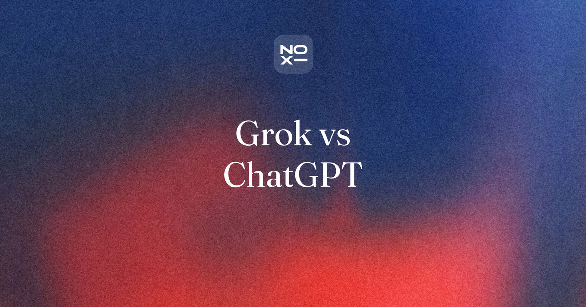 Grok vs ChatGPT, a NOXI blog cover: two AI assistants one point apart on seven printed rules from official pages, ChatGPT 90 and Grok 89, with plans, prices and privacy settings side by side