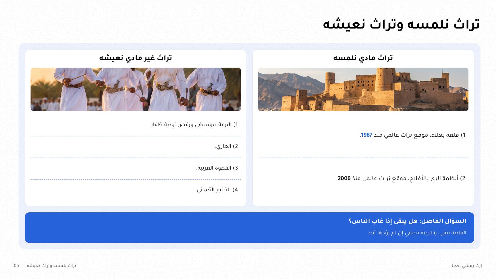 شريحة من NOXI: تراث نلمسه وتراث نعيشه، قلعة بهلاء موقع تراث عالمي منذ 1987 وأنظمة الري بالأفلاج منذ 2006، مقابل البرعة والعازي والقهوة العربية والخنجر العماني، مع السؤال الفاصل: هل يبقى إذا غاب الناس؟