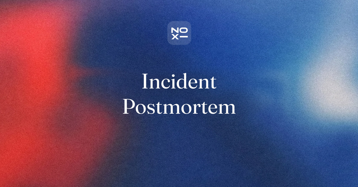Incident postmortem presentation — NOXI guide cover: an incident record turned into an eight-slide review with impact, timeline, evidence and verifiable actions