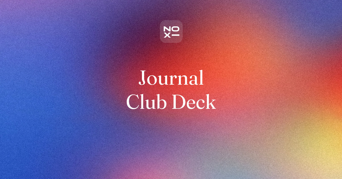 Journal club presentation — NOXI guide cover: a published paper turned into a 12-slide deck with a PICO slide, an effect-size slide with NNT arithmetic, an appraisal checklist and discussion questions