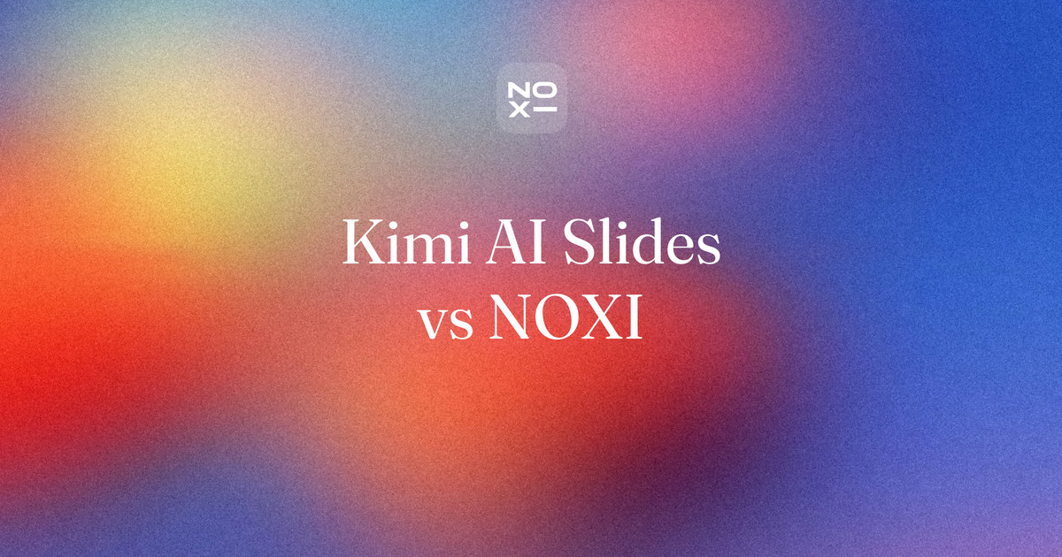 Kimi AI Slides — NOXI comparison cover: Kimi's free credits, editable PowerPoint download, uploads, languages and data location, scored on seven documented rules against Genspark and NOXI
