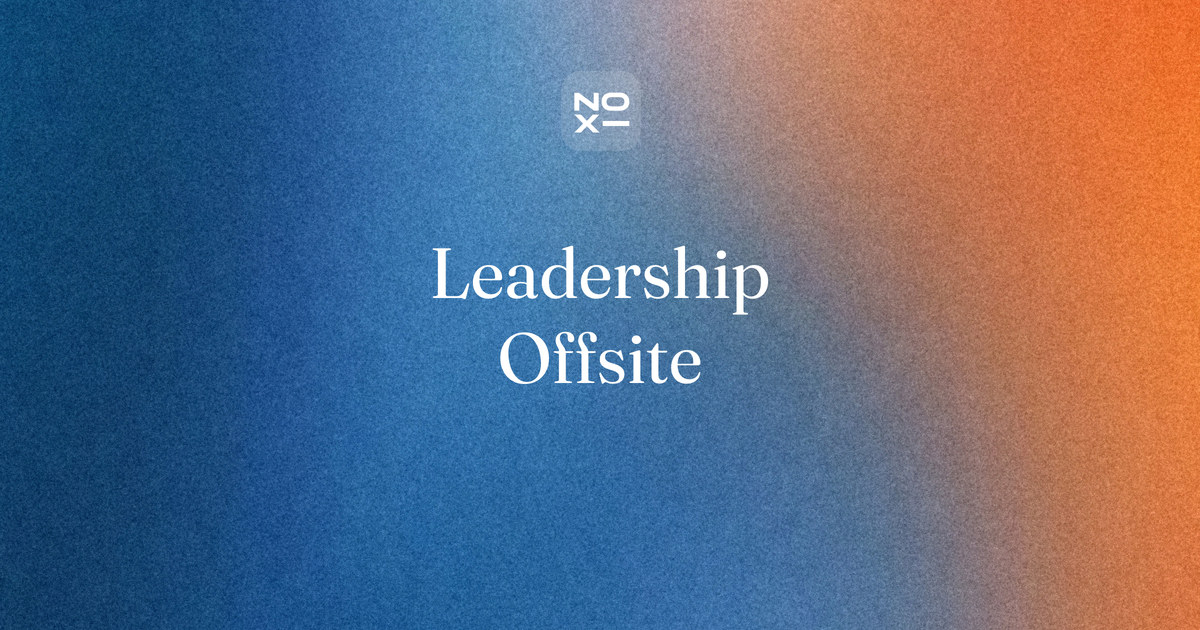 Leadership offsite agenda — NOXI guide cover: a two-day offsite planned around six decisions, with a pre-read deck and a decision log
