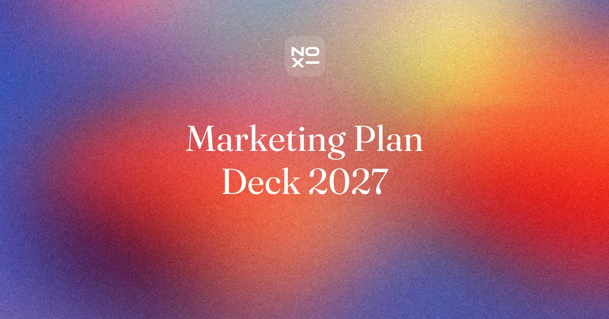 Marketing plan presentation — NOXI guide cover: a 2027 marketing budget built from the revenue target, the funnel, the channel split and six KPIs