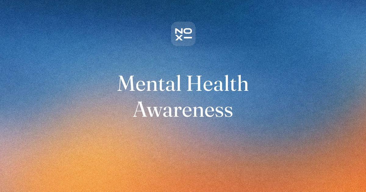 Mental health awareness presentation — NOXI guide cover: a 10-slide awareness deck for work and students, planned minute by minute, with WHO figures, safe wording and a resources slide that shows where to find help