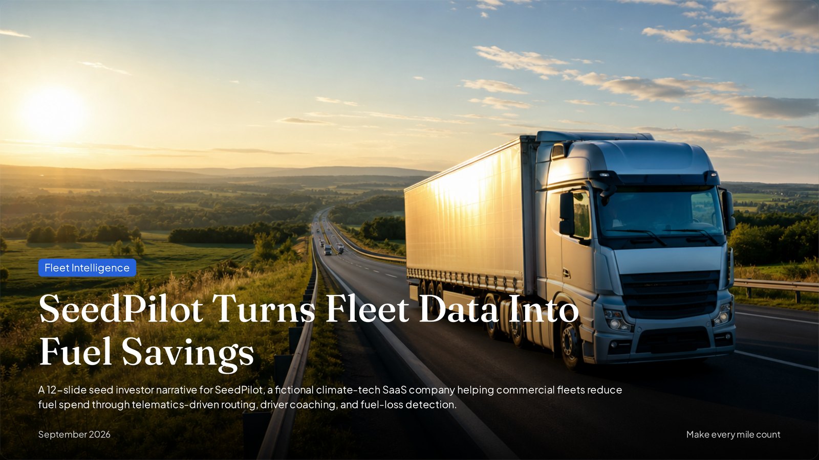 NOXI title slide 'SeedPilot Turns Fleet Data Into Fuel Savings' with a truck photo at sunset and a one-line subtitle.