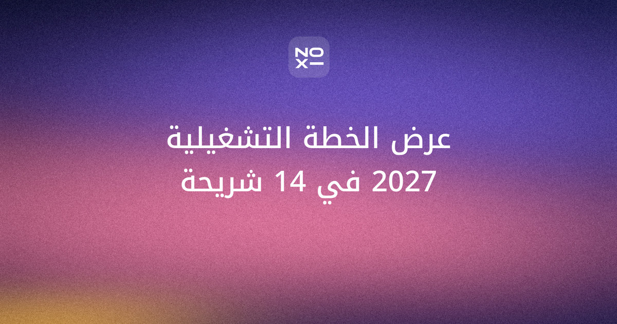 غلاف دليل عرض الخطة التشغيلية 2027 من NOXI: شريحة لوحة مؤشرات عربية بخط الأساس والمستهدفات الربعية ومخطط جانت يبدأ من اليمين