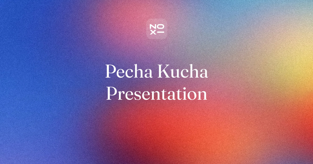 Pecha Kucha presentation — NOXI guide cover: 20 slides of 20 seconds each, advancing on their own, planned in five acts for a talk of exactly 6 minutes 40 seconds
