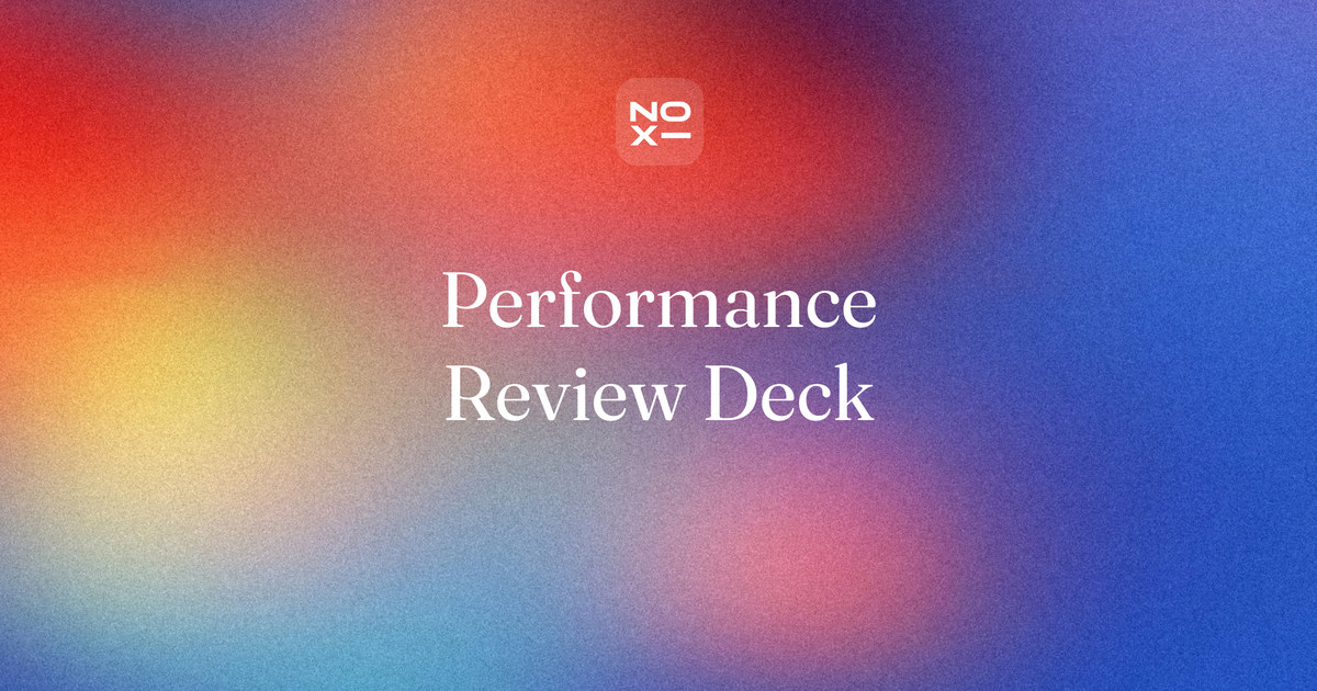 Performance review presentation — NOXI guide cover: an eight-slide self-evaluation deck that sets every goal next to its actual result, misses included, and ends with next year's goals and specific asks
