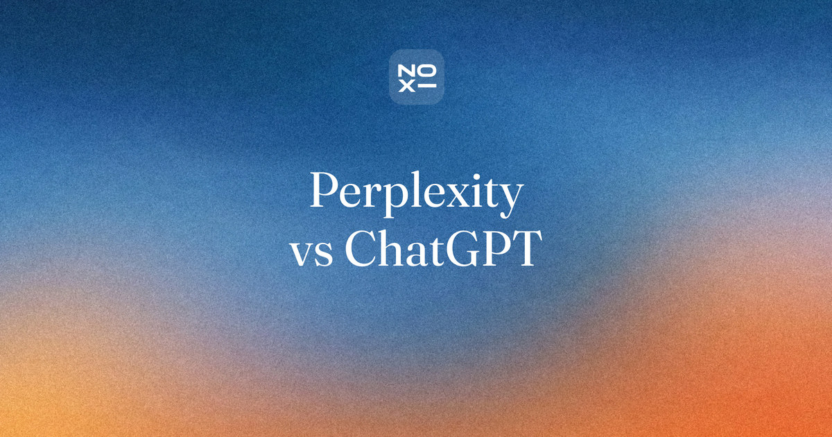 Perplexity vs ChatGPT — NOXI comparison cover: ChatGPT 90 and Perplexity 65 on seven documented criteria, with Perplexity's inline citations compared separately as a research feature