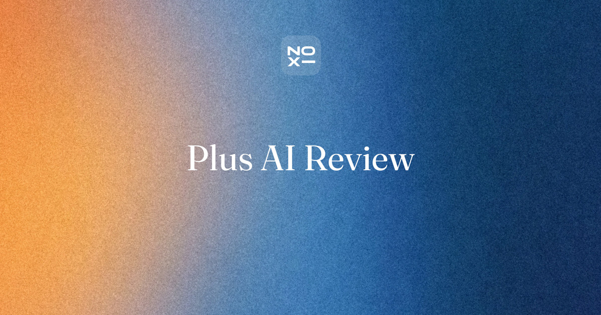 Plus AI review cover: an AI presentation maker inside PowerPoint and Google Slides at a per-seat price, scored 86 against Gamma 83 and NOXI 98 on seven documented criteria checked on 27 October 2026