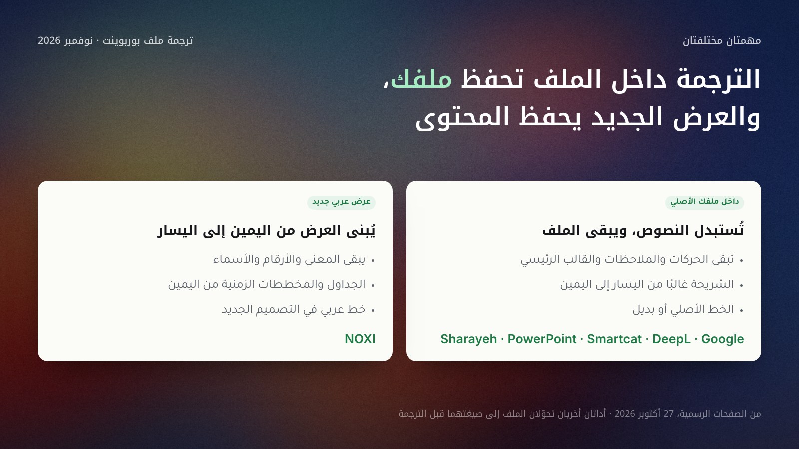 مقارنة في عمودين بين الترجمة داخل ملف PowerPoint الأصلي وبناء عرض عربي جديد: الأولى تحفظ الحركات والملاحظات والقالب الرئيسي ويبقى اتجاه الشريحة غالبًا من اليسار إلى اليمين، وأدواتها Sharayeh وPowerPoint وSmartcat وDeepL وGoogle، والثانية تحفظ المعنى والأرقام وتبني الشرائح من اليمين إلى اليسار بخط عربي، وأداتها NOXI.