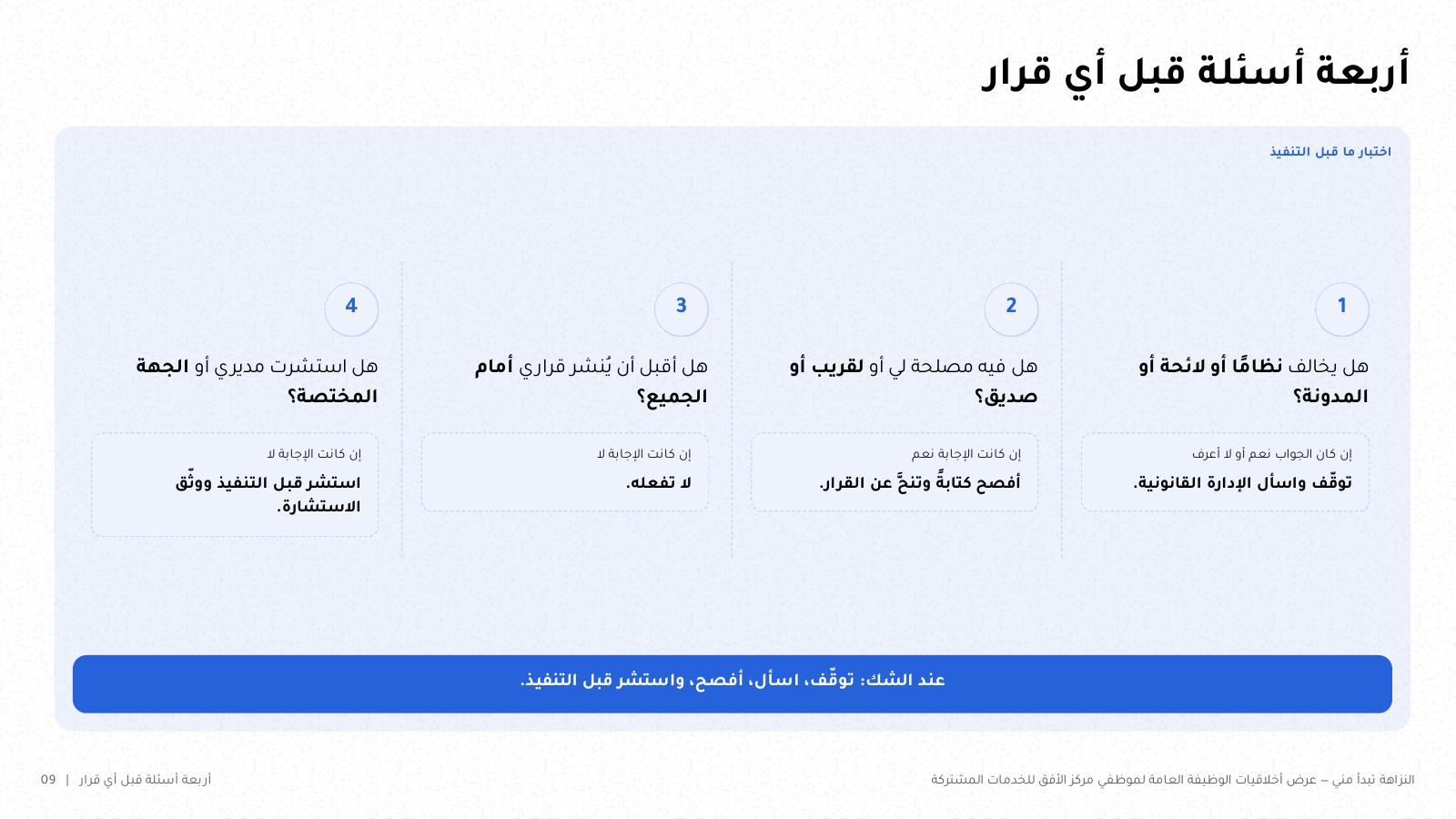 شريحة من NOXI: أربعة أسئلة قبل أي قرار، هل يخالف نظاماً أو المدونة، وهل فيه مصلحة لي أو لقريب، وهل أقبل أن يُنشر أمام الجميع، وهل استشرت مديري، مع الفعل المطلوب لكل إجابة.