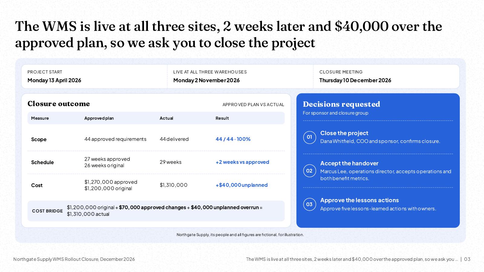 NOXI slide: closure outcome for scope, schedule and cost, approved plan against actual, with three decisions requested.