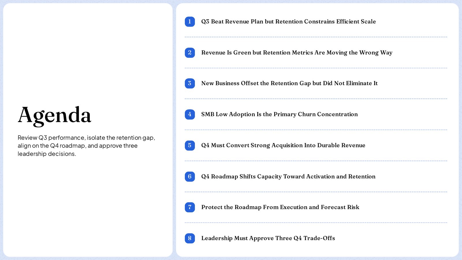 NOXI QBR agenda slide listing eight action titles, from
