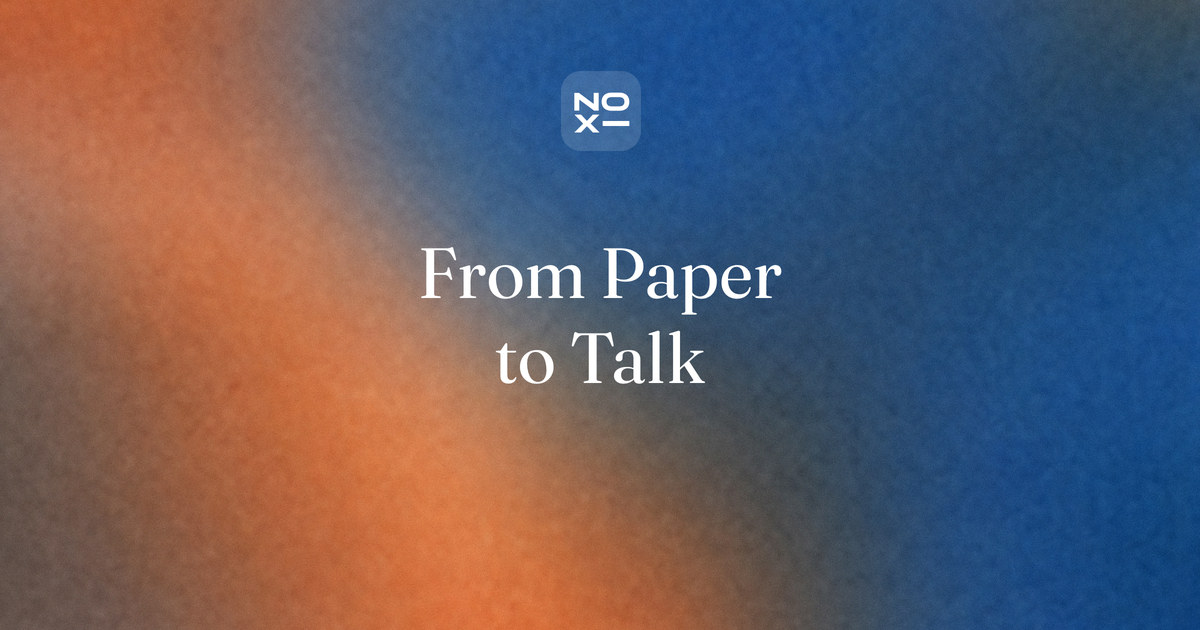 Research paper to conference presentation — NOXI guide cover: a full paper cut down to a nine-slide, 10-minute talk with a paired dot plot of the main result and backup slides for expert questions