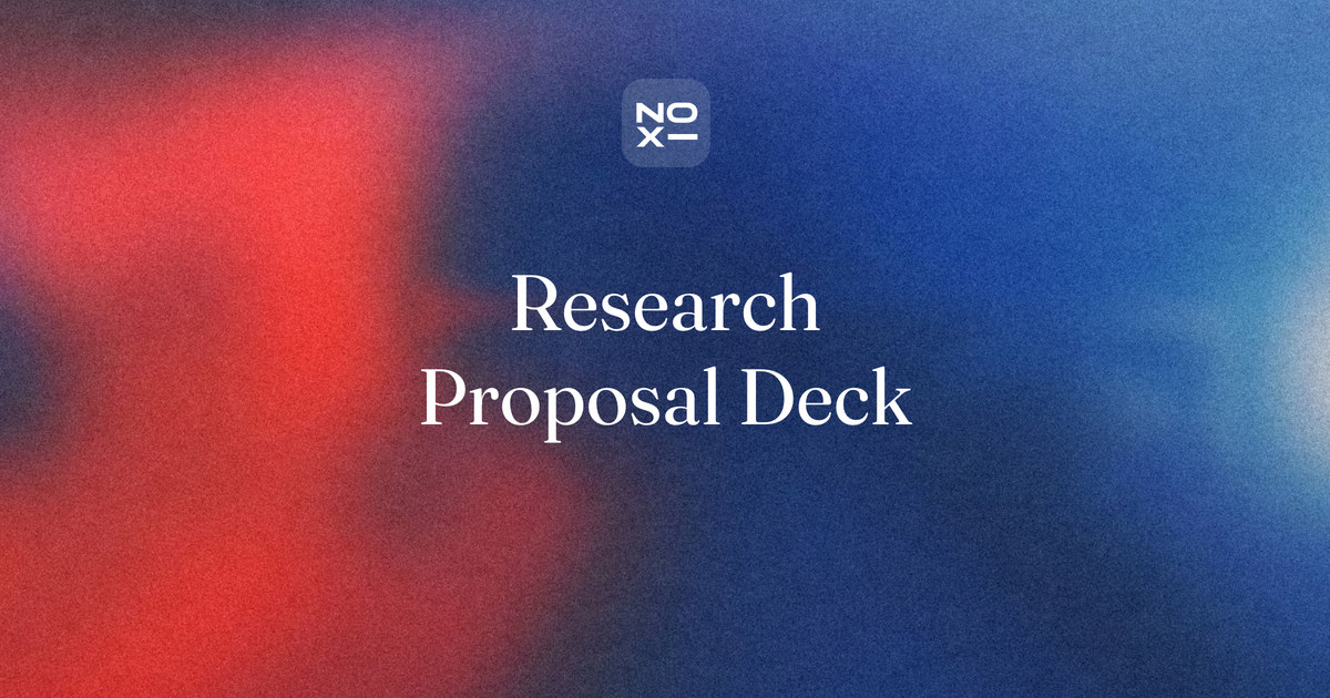 Research proposal presentation — NOXI guide cover: a written proposal turned into a timed 12-slide defense deck with a sample-size slide, a feasibility timeline and the committee's questions mapped to slides