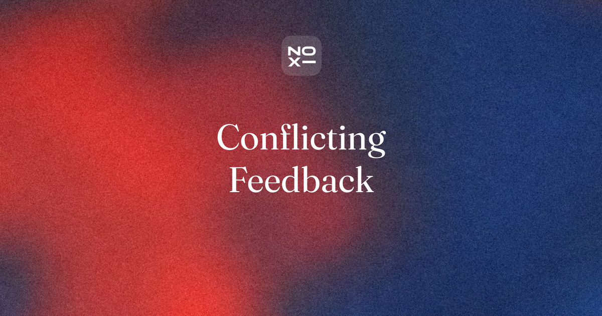 Resolving conflicting presentation feedback — NOXI guide cover: contradictory stakeholder comments sorted into a change log with a decision owner and an outcome for each