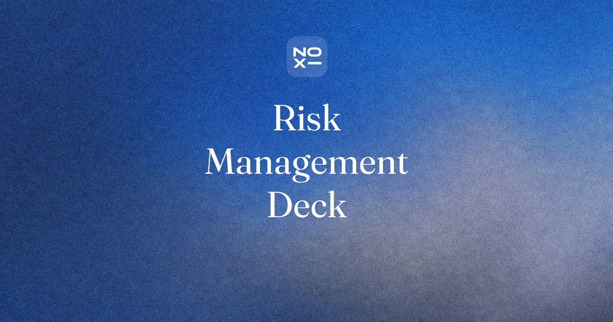 Risk management presentation — NOXI guide cover: score every risk as likelihood times impact, show the top five before and after controls, then ask for one decision each