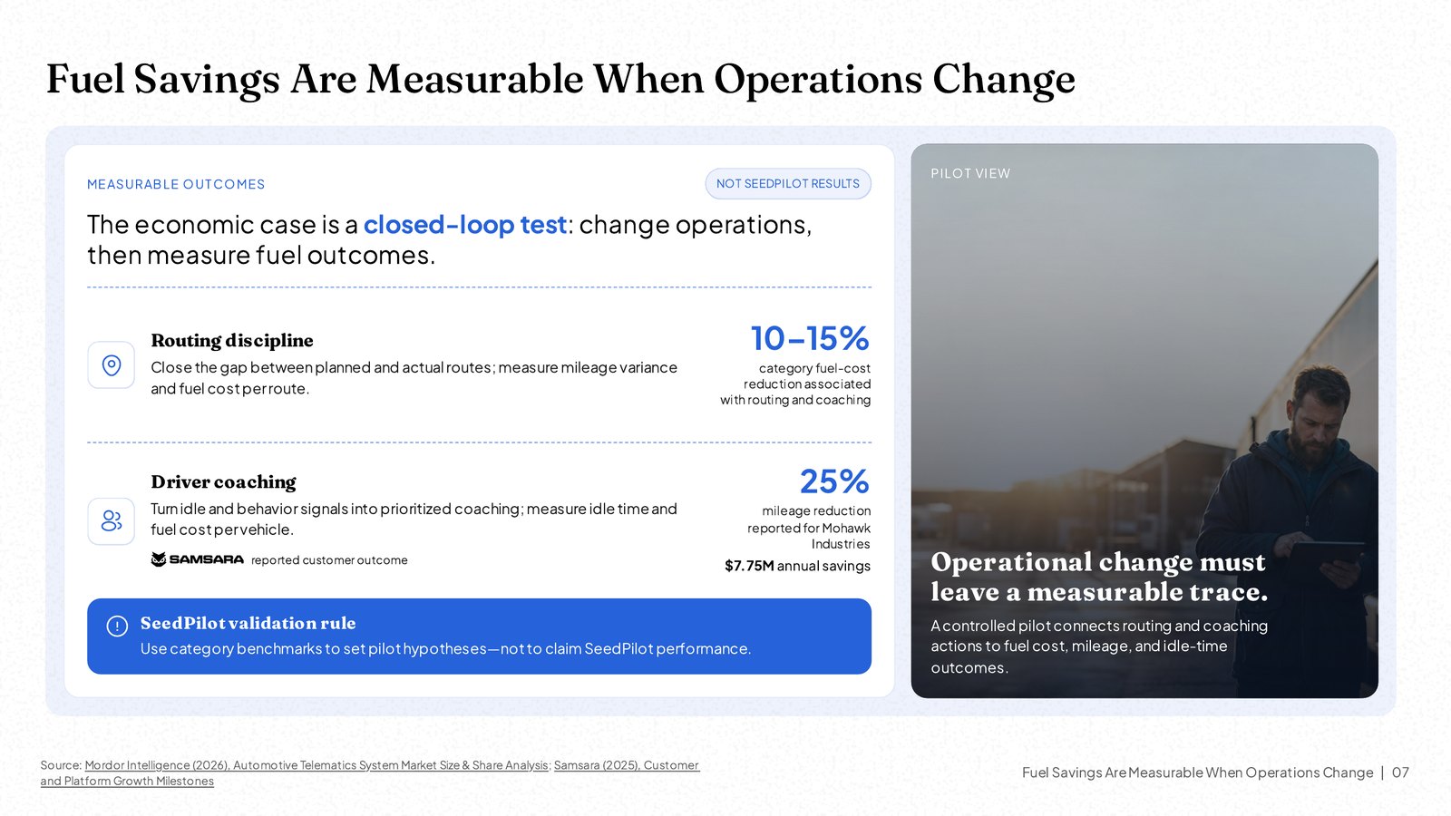 NOXI slide 'Fuel Savings Are Measurable When Operations Change': benchmark ranges of 10–15% and 25% with sources and a validation rule.